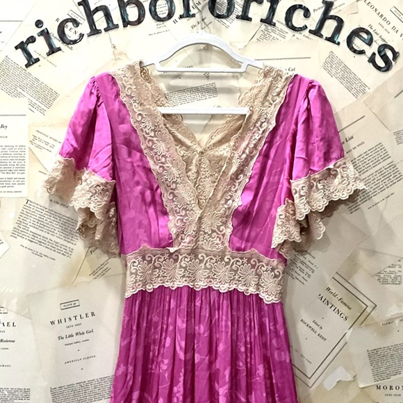 Free People Spell Ocean Gown Maxi Silky Hibiscus Pink Ivory Lace Tiered - Picture 6 of 7